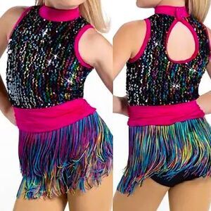 WEISSMAN solo Dance Costume colorful black rainbow fringe Dimples 13573 LC child